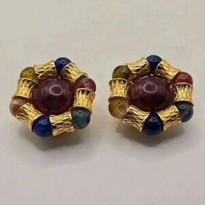 Vtg Liz Claiborne Clip-On Earrings LCI Multicolor Beaded With Gold Tone Accents